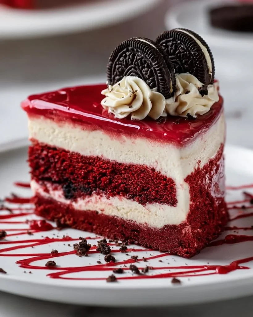 Slice of Red Velvet Oreo Cheesecake with cream cheese frosting and Oreo crust