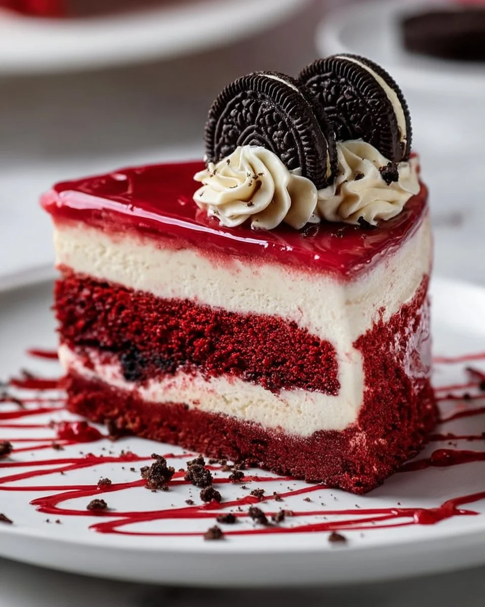Slice of Red Velvet Oreo Cheesecake with cream cheese frosting and Oreo crust