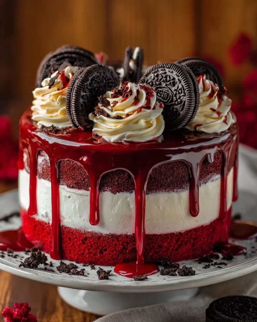 Slice of Red Velvet Oreo Cheesecake with whipped cream and Oreo cookie garnish