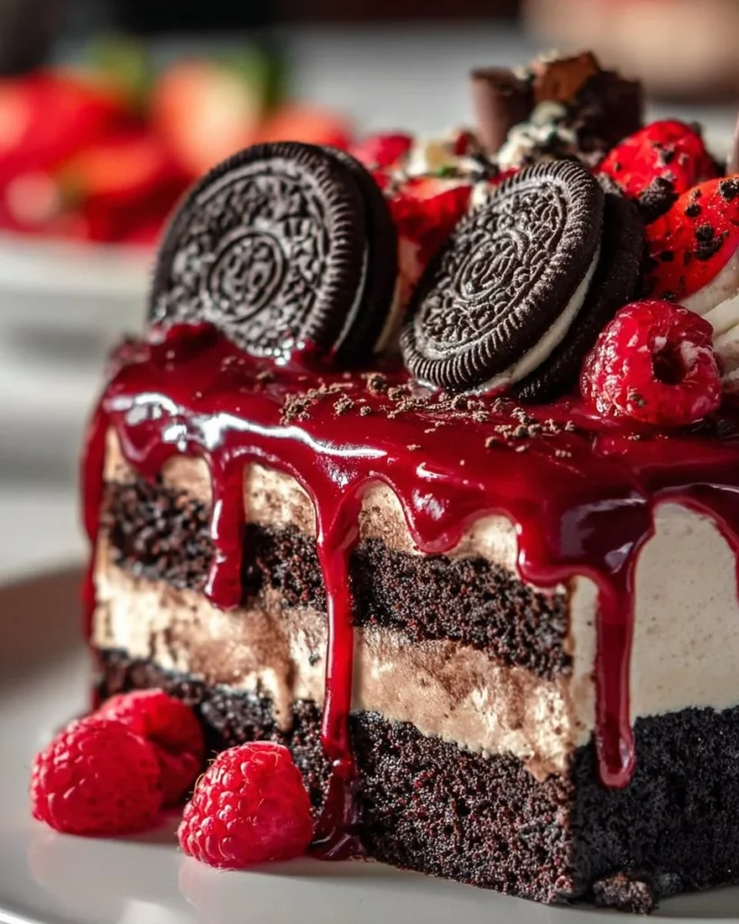 Red Velvet Oreo Cheesecake Delight topped with creamy frosting and Oreo crumbs