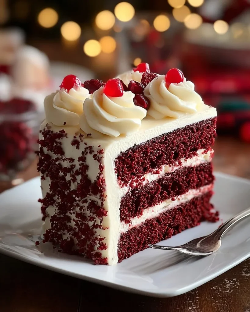 Delicious Red Velvet Poke Cake topped with cream cheese frosting and chocolate drizzle.