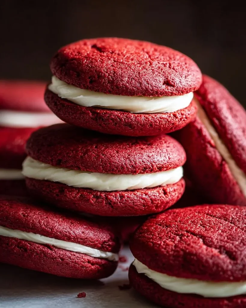 Delicious Red Velvet Sandwich Cookies with cream filling on a rustic wooden surface.