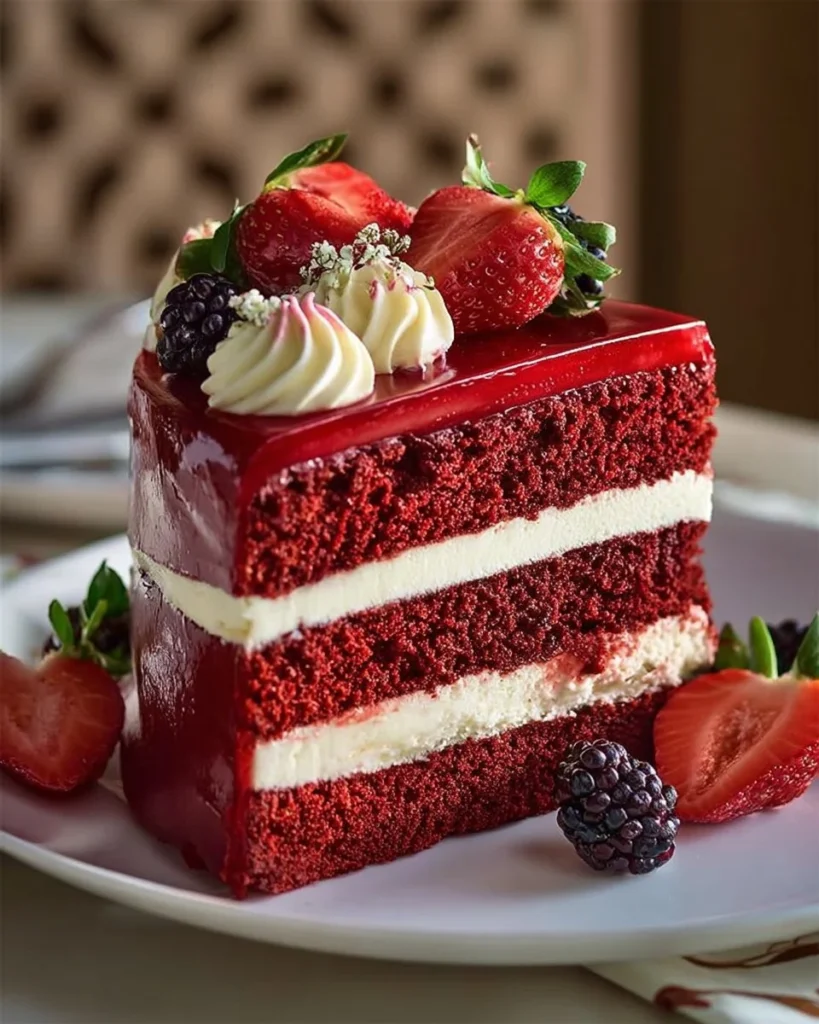 Slice of Red Velvet Strawberry Cheesecake topped with fresh strawberries.