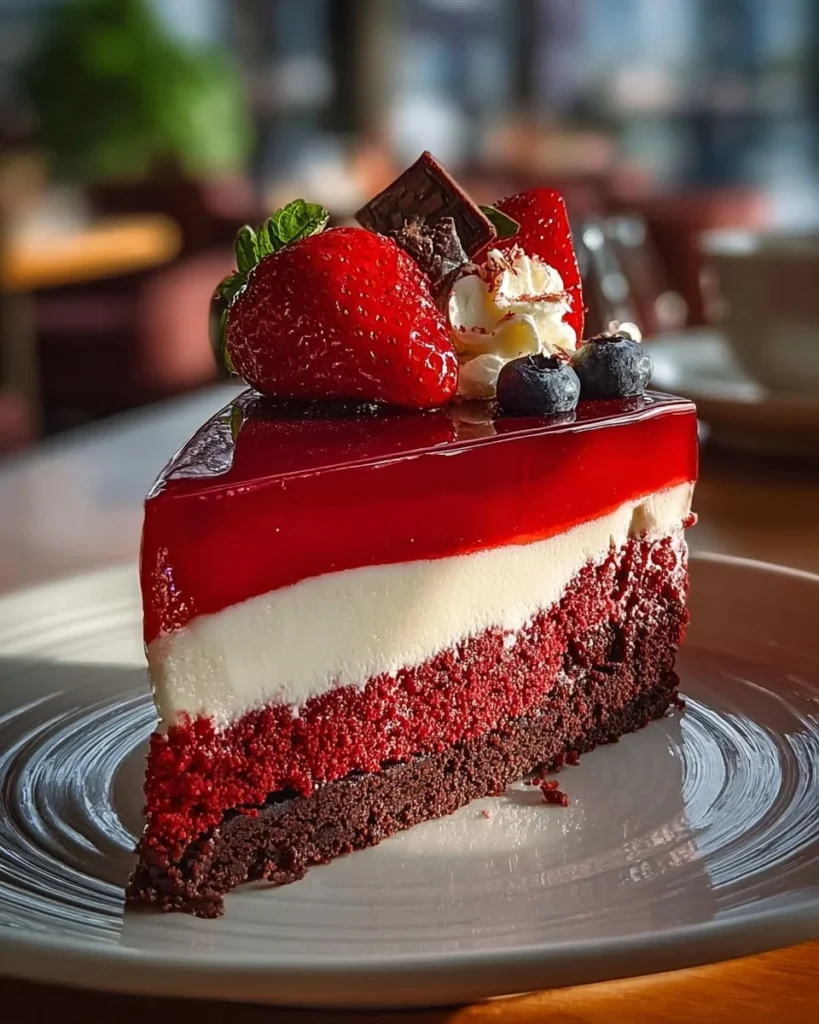 Red Velvet Strawberry Cheesecake with fresh strawberries and cream cheese frosting