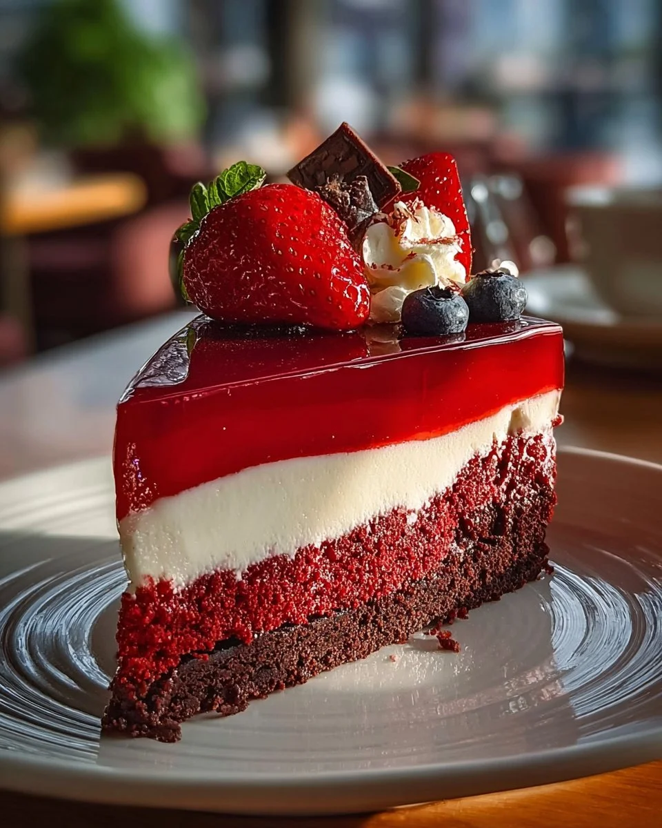 Red Velvet Strawberry Cheesecake with fresh strawberries and cream cheese frosting