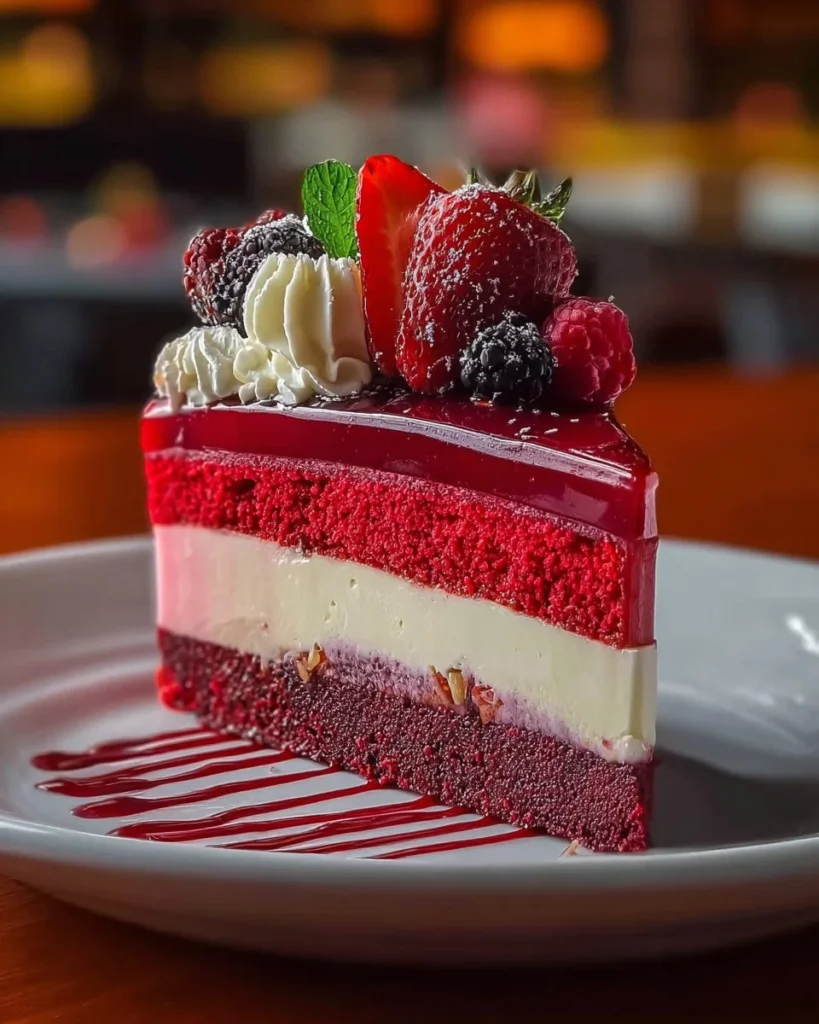 Red Velvet Strawberry Cheesecake topped with fresh strawberries and cream