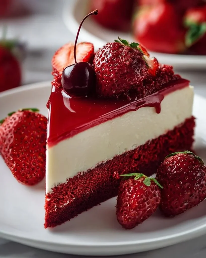Delicious Red Velvet Strawberry Cheesecake with fresh strawberries