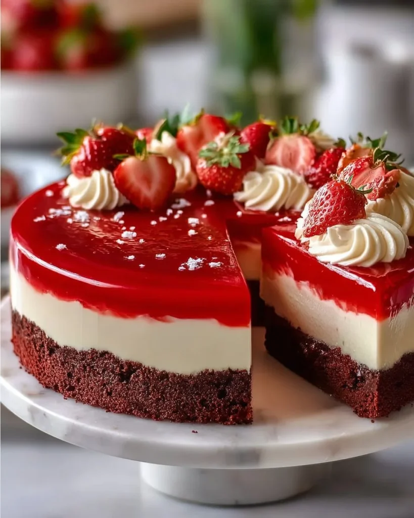 A slice of Red Velvet Strawberry Cheesecake topped with fresh strawberries and cream