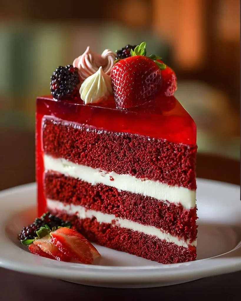 Delicious Red Velvet Strawberry Cheesecake slice topped with fresh strawberries