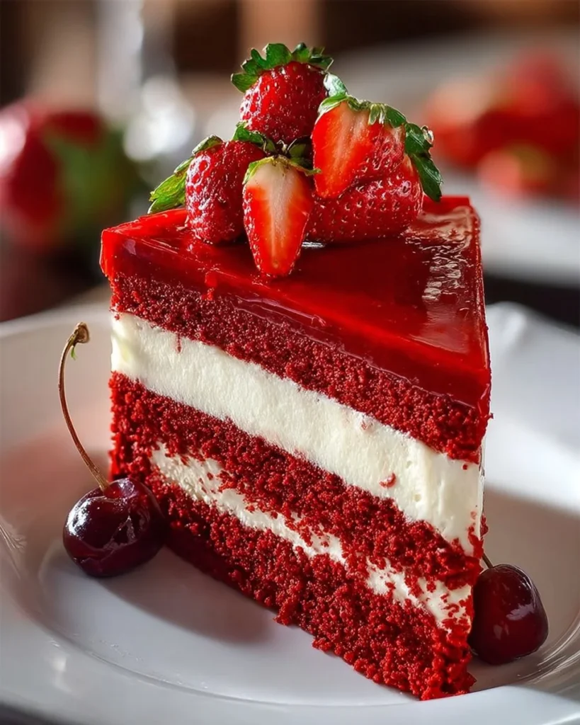Slice of Red Velvet Strawberry Cheesecake topped with fresh strawberries