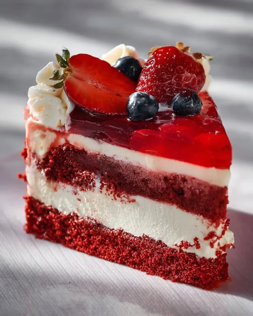 Red Velvet Strawberry Cheesecake topped with fresh strawberries and cream