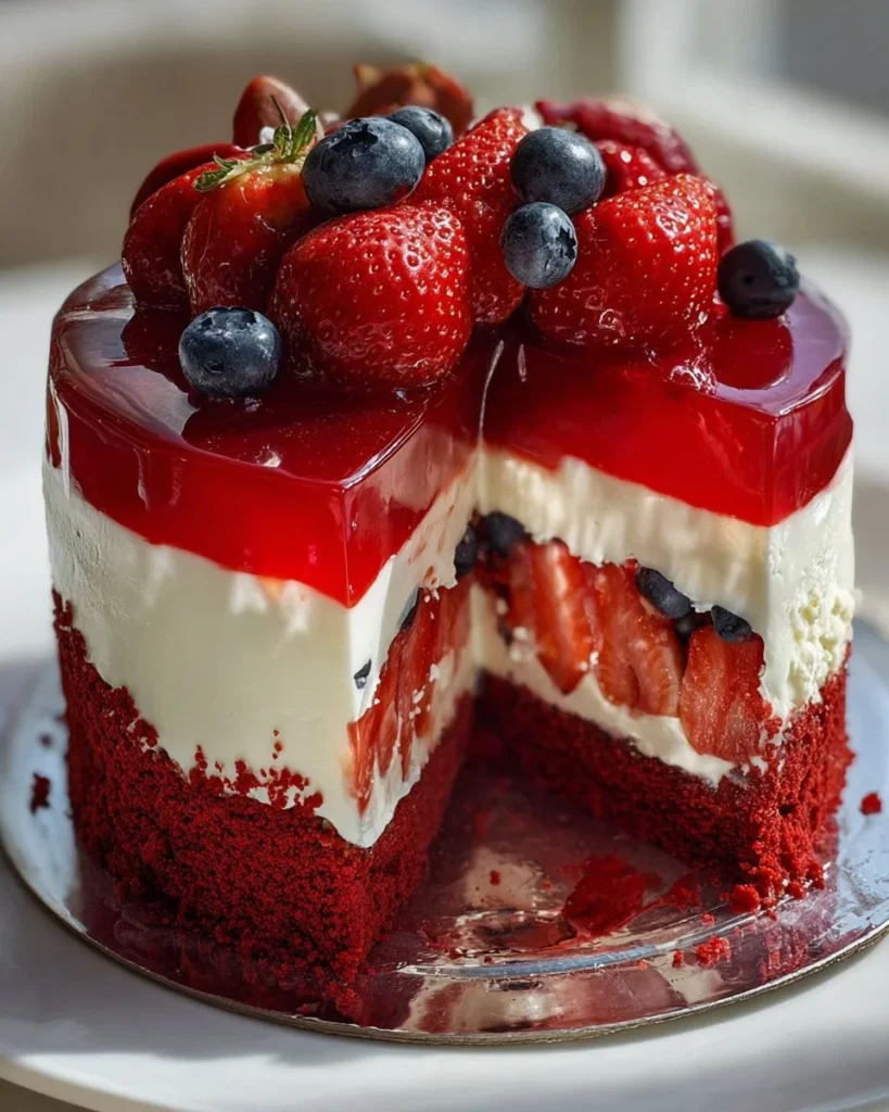 Delicious Red Velvet Strawberry Cheesecake topped with fresh strawberries
