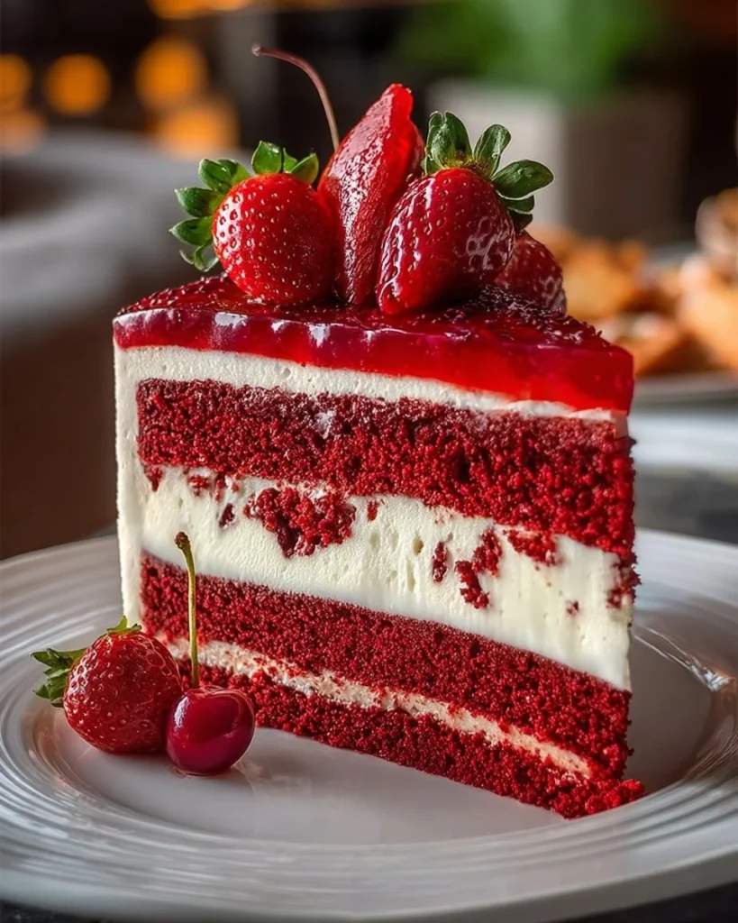 Slice of Red Velvet Strawberry Cheesecake with fresh strawberries on top