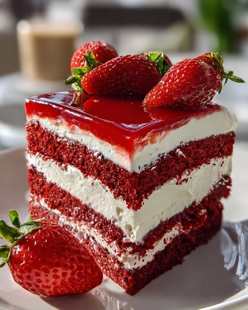Delicious red velvet strawberry cheesecake with creamy layers and fresh strawberries