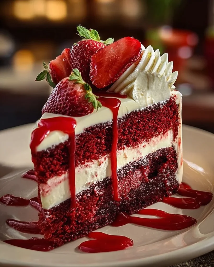 Red Velvet Strawberry Cheesecake Delight topped with fresh strawberries