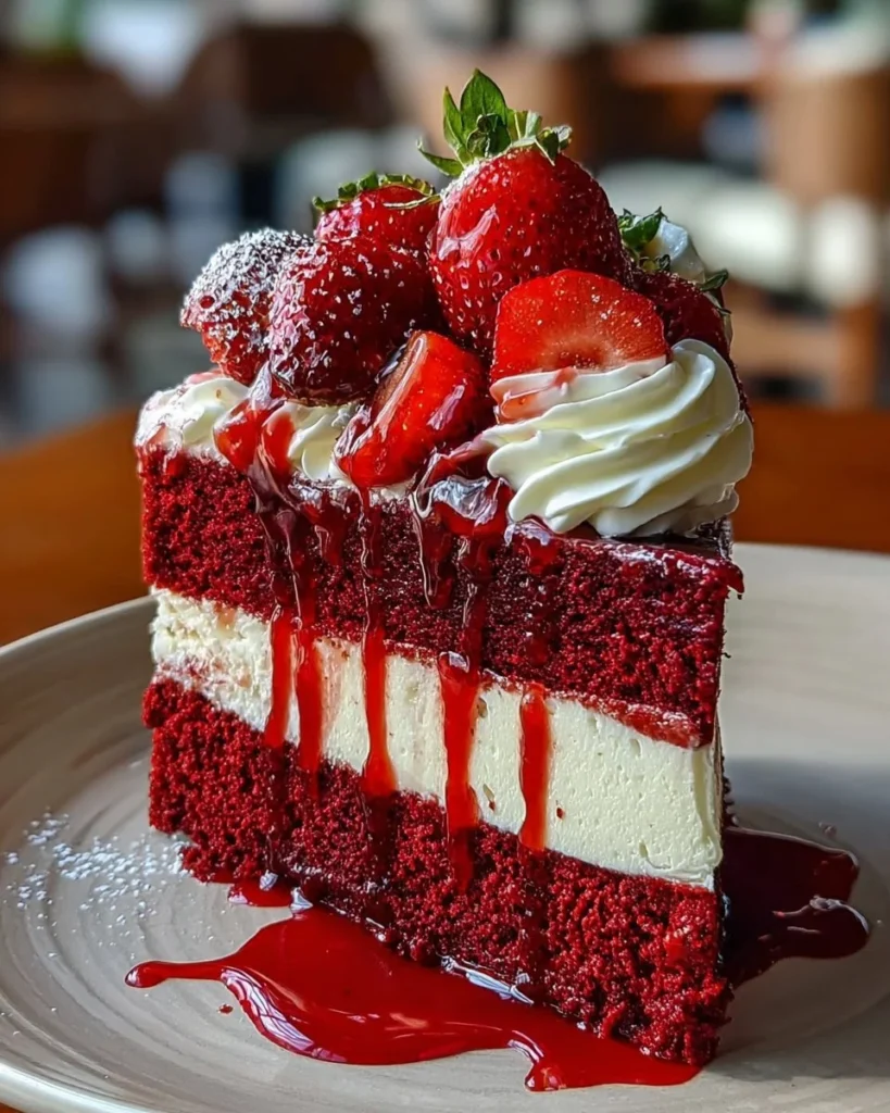 Red Velvet Strawberry Cheesecake Delight with fresh strawberries and cream