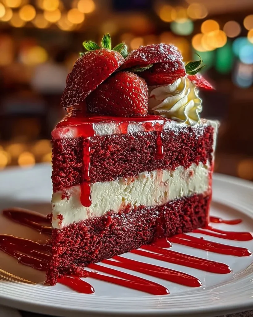 Red Velvet Strawberry Cheesecake Delight on a white plate
