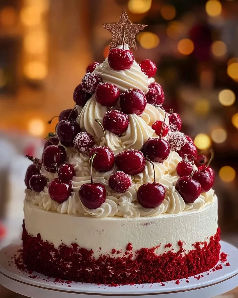A beautiful Red Velvet Tree Cake decorated with cream cheese frosting and festive accents.