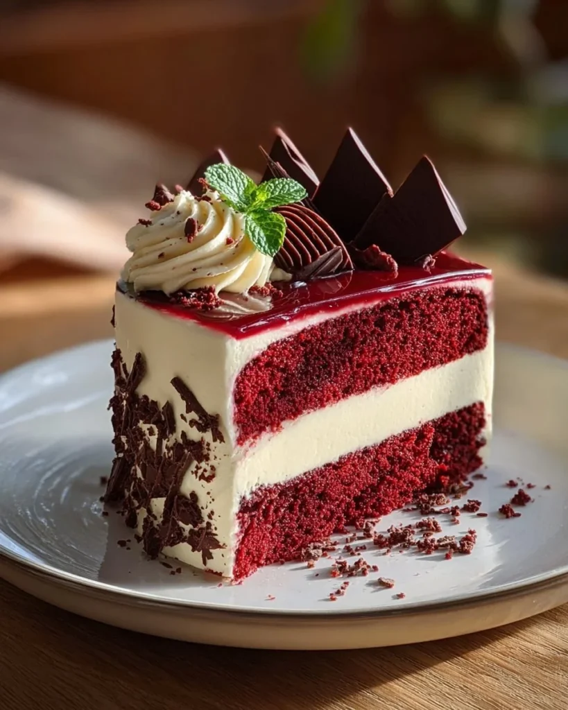 Slice of red velvet white chocolate cheesecake on a plate.