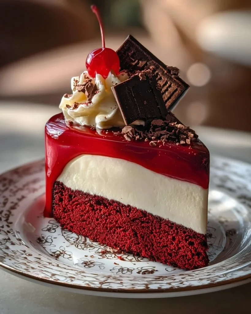 Delicious Red Velvet White Chocolate Cheesecake slice on a plate