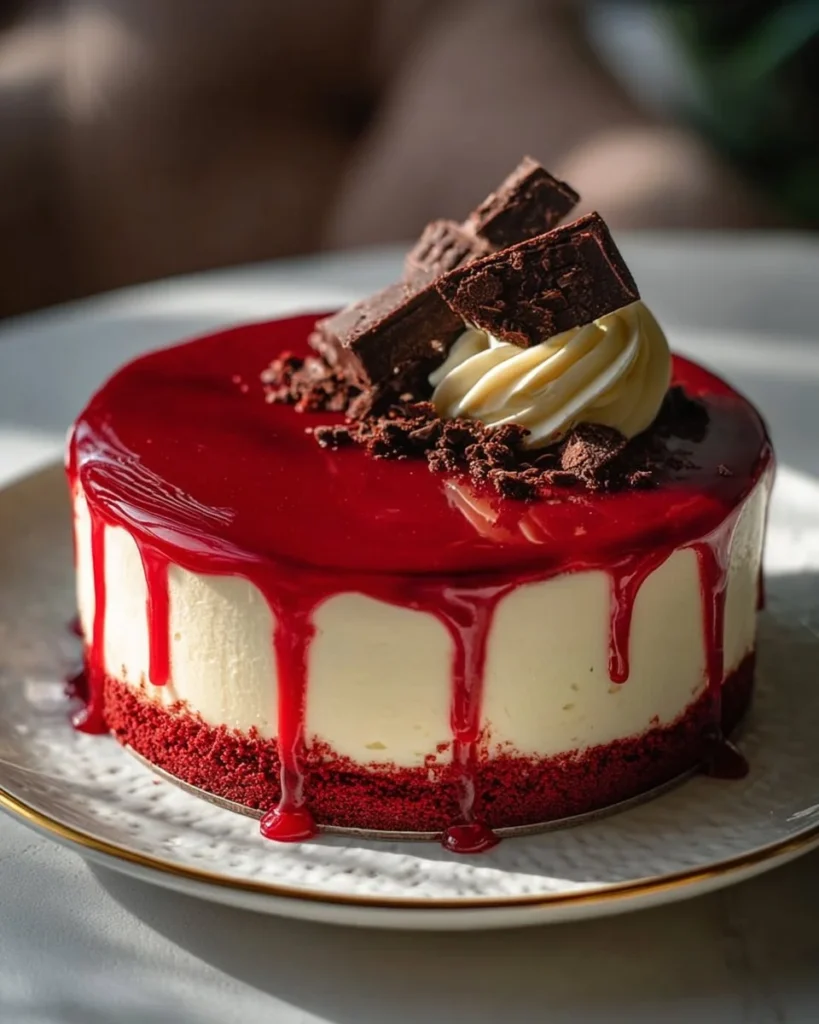 Delicious Red Velvet White Chocolate Cheesecake slice on a plate