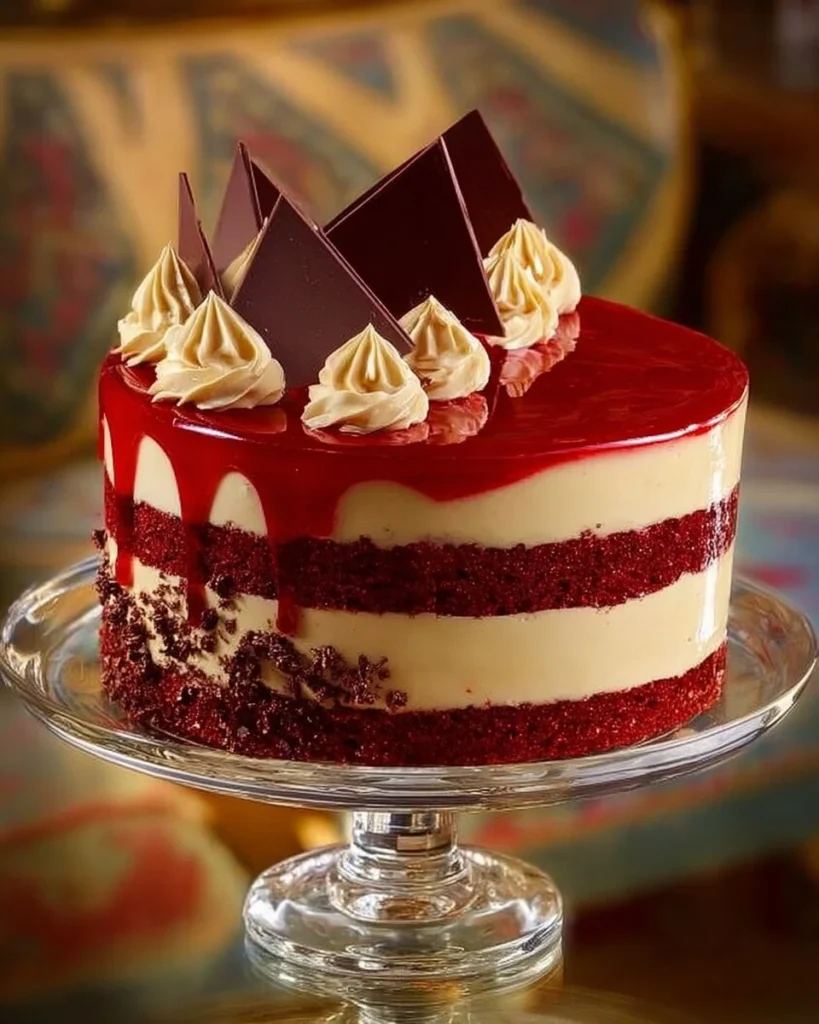 Delicious Red Velvet White Chocolate Cheesecake slice on a decorative plate.