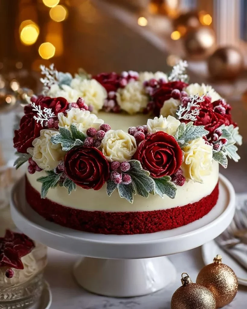 Festive red velvet wreath cake decorated with cream cheese frosting and holiday accents.