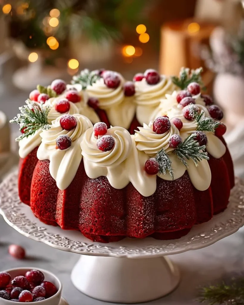 Festive Red Velvet Wreath Cake decorated with cream cheese frosting and holiday accents.