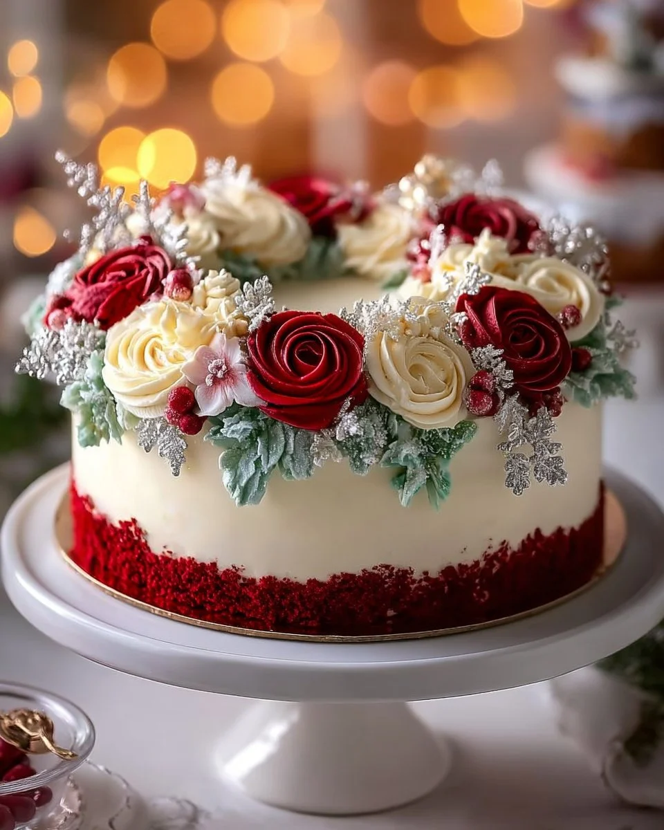 Festive Red Velvet Wreath Cake decorated with cream cheese frosting