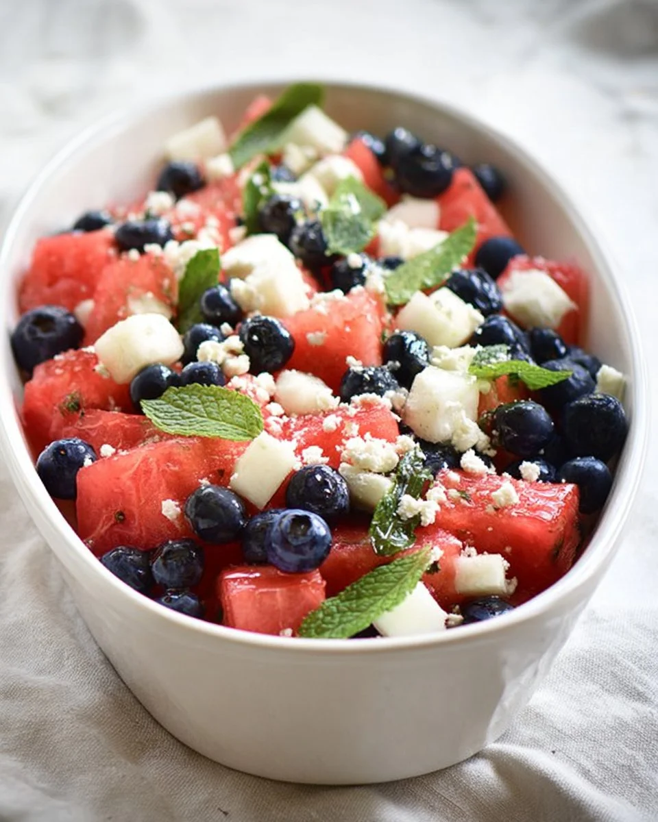 Red, white, and blueberry salad garnished with mint and drizzled with honey.