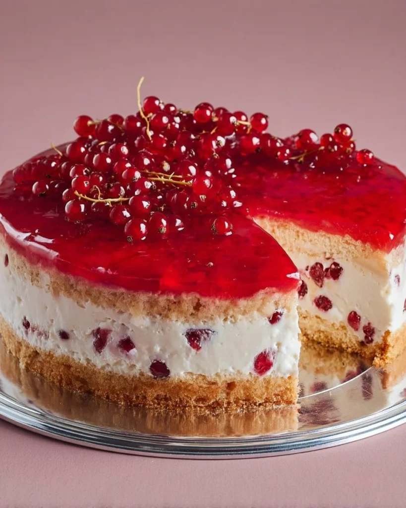 A delicious slice of Redcurrant Cake with fresh redcurrants on top