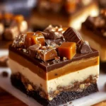 Delicious Reese's Butterfinger Cheesecake Bars topped with chocolate and caramel.