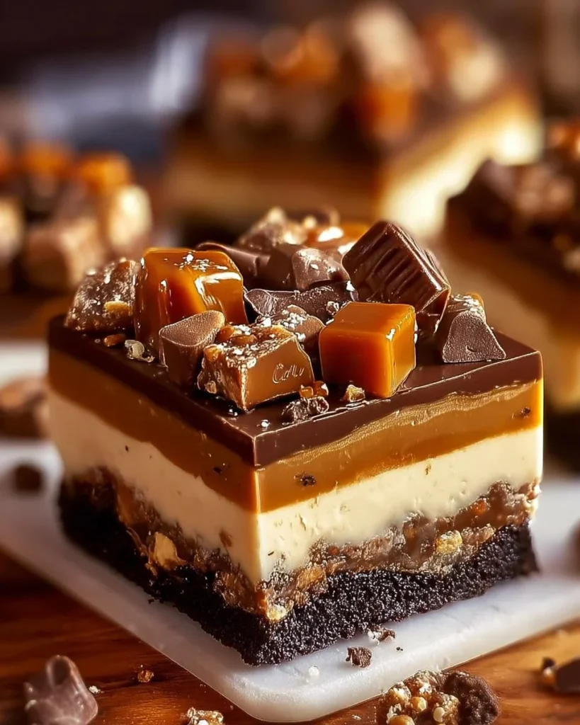Delicious Reese's Butterfinger Cheesecake Bars topped with chocolate and caramel.