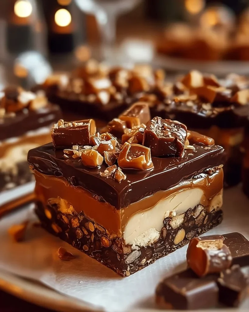 Delicious Reese's Butterfinger cheesecake bars topped with chocolate and caramel