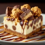 Delicious Reese’s Butterfinger cheesecake bars topped with chocolate and crushed Butterfinger.