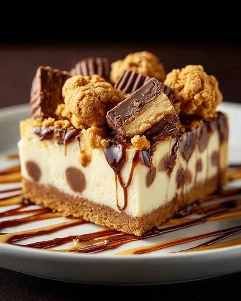 Delicious Reese’s Butterfinger cheesecake bars topped with chocolate and crushed Butterfinger.