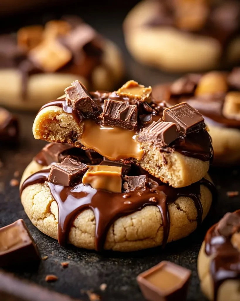 Delicious Reese's cheesecake cookies with chocolate topping and cheesecake filling.