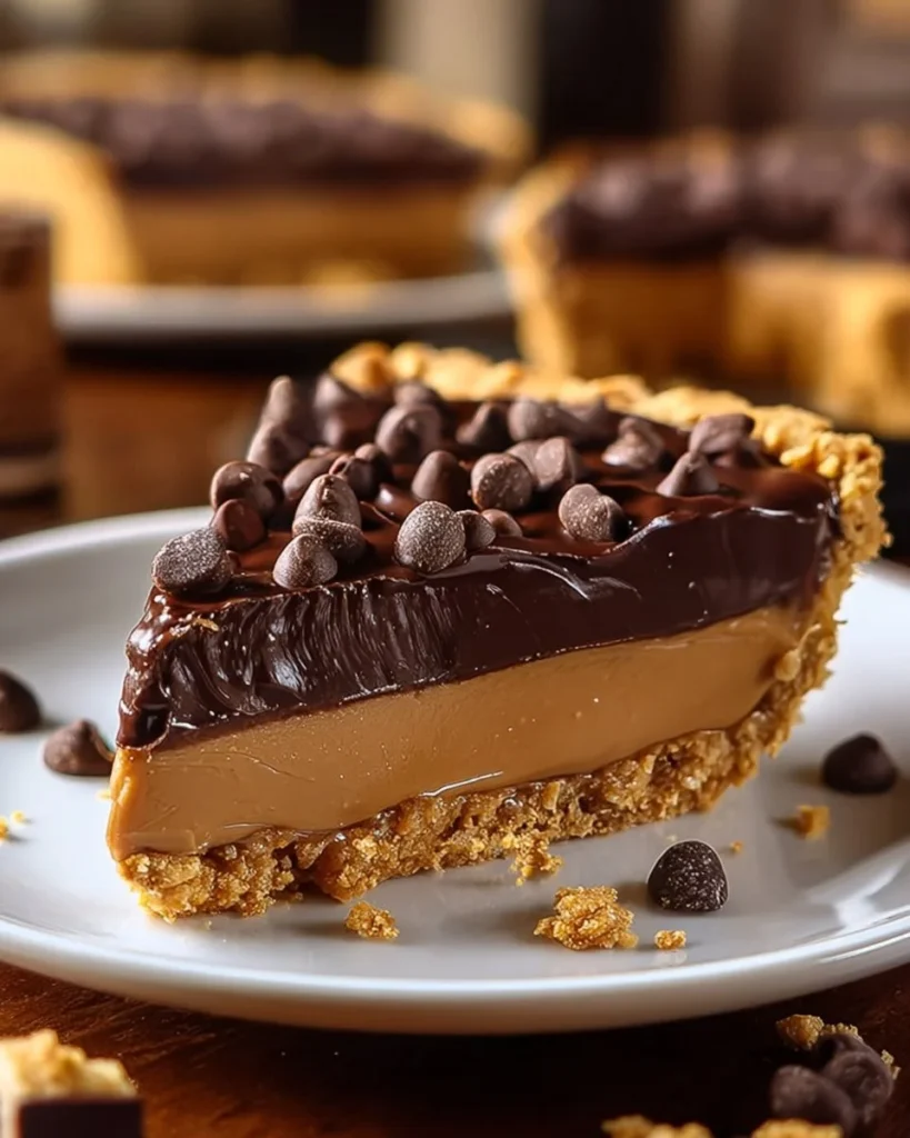 Delicious Reese’s Chocolate Peanut Butter Tart topped with chocolate drizzle.