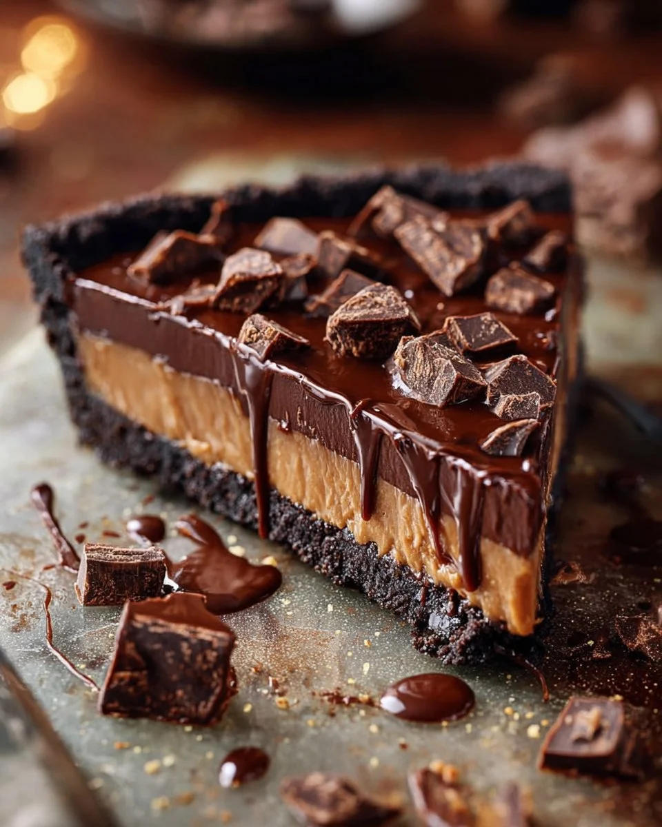 Delicious Reese’s Chocolate Peanut Butter Tart topped with chocolate and peanut butter