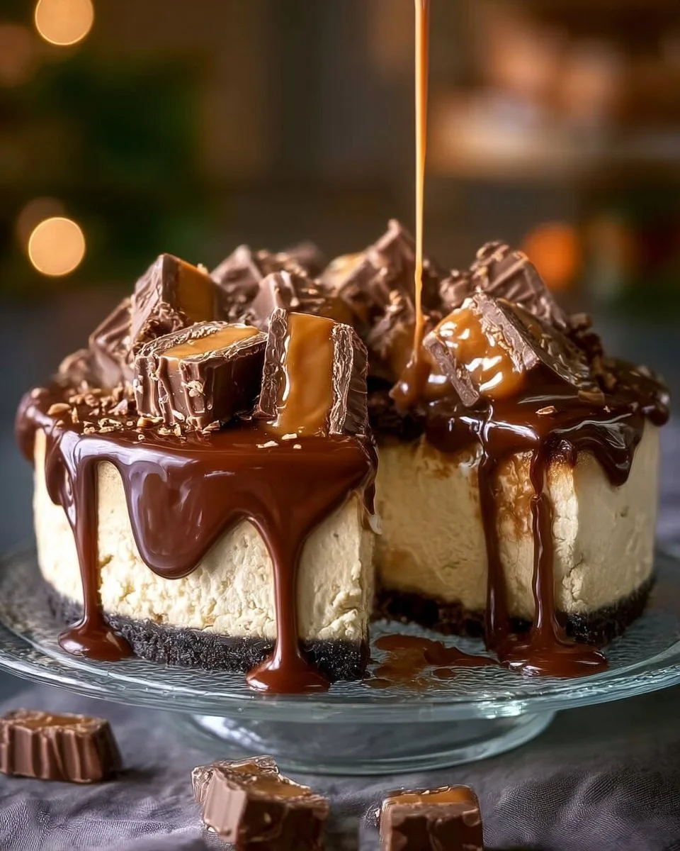 Delicious slice of Reese's Peanut Butter Cup Cheesecake topped with chocolate and peanut butter cups