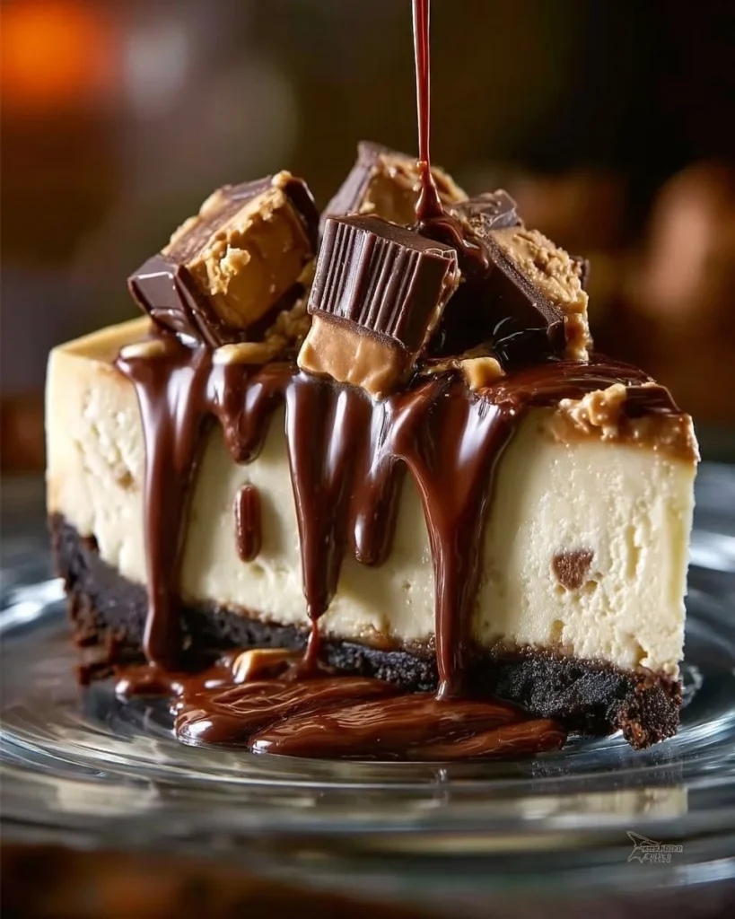 Slice of decadent Reese's Peanut Butter Cup Cheesecake with chocolate and peanut butter toppings