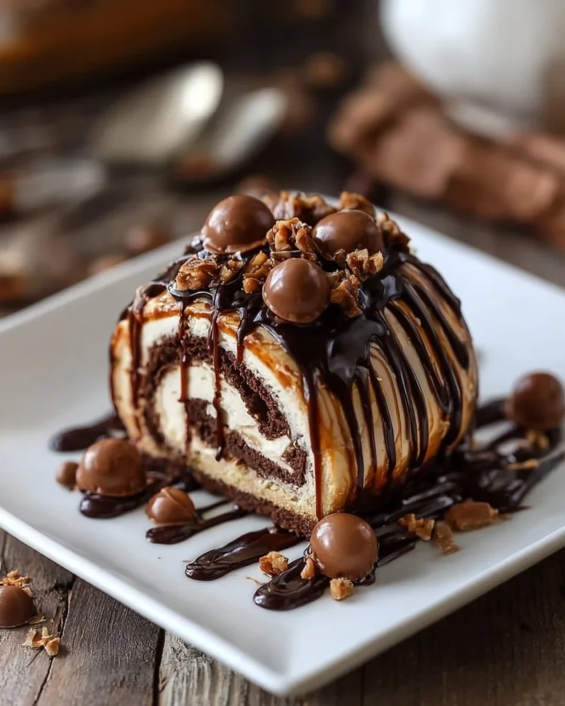 Reese's Peanut Butter Cup Roll Cake topped with chocolate and peanut butter.