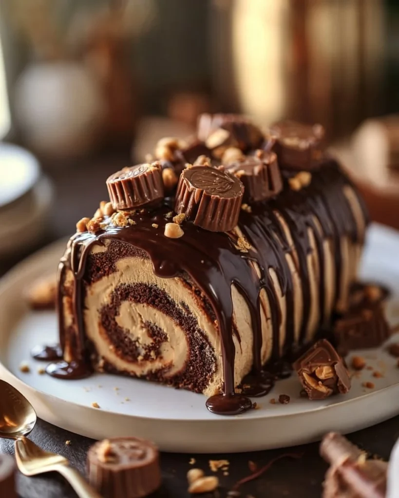 Delicious Reese's Peanut Butter Cup Roll Cake topped with chocolate and peanut butter frosting.