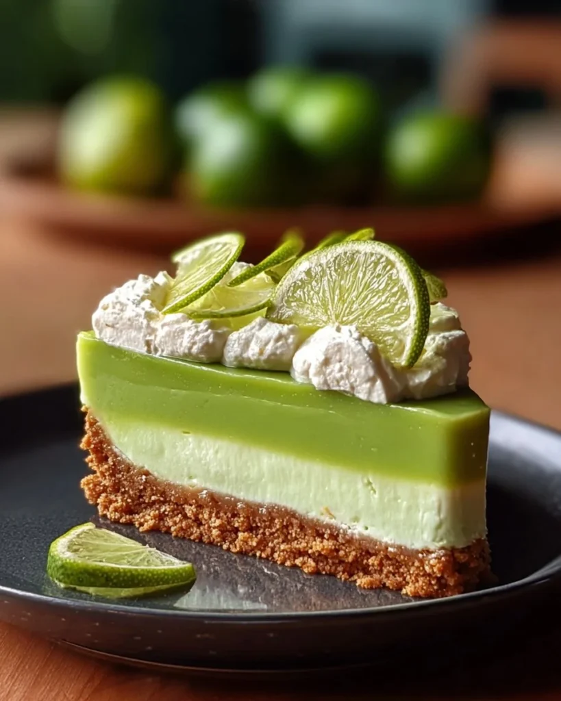 A slice of refreshing lime mousse cheesecake topped with lime zest and mint leaves.