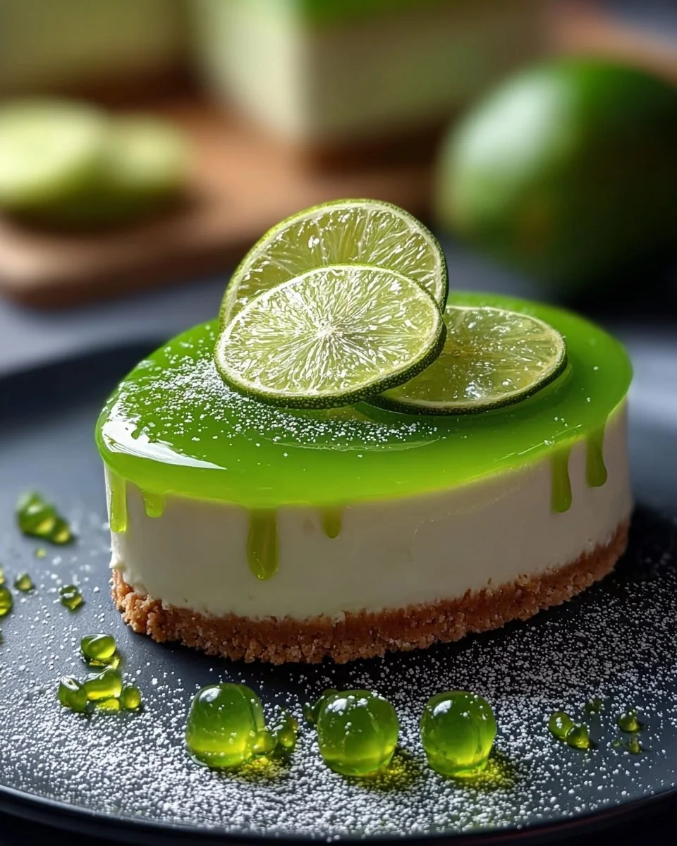 Refreshing lime mousse cheesecake topped with lime zest and whipped cream.