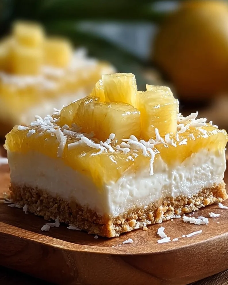 Refreshing no-bake pineapple coconut bars on a white plate