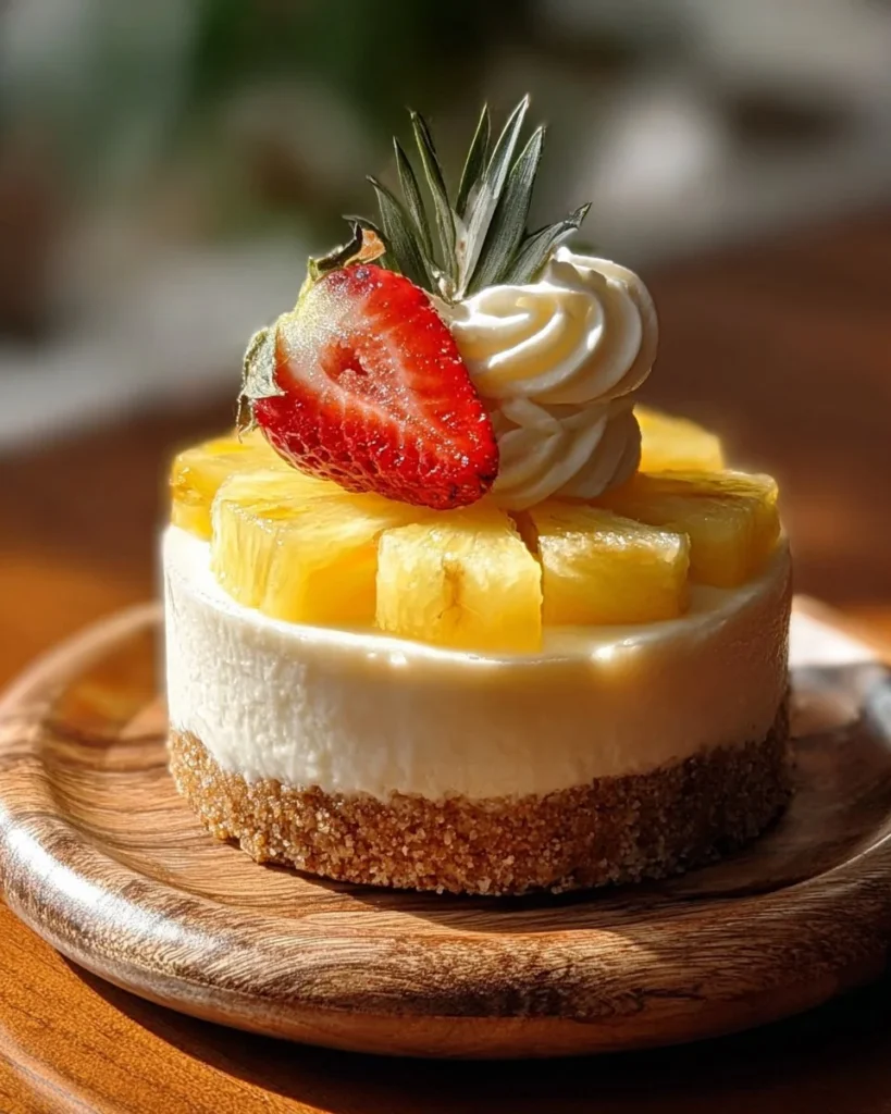 Refreshing Pineapple Mousse Cheesecake garnished with pineapple slices