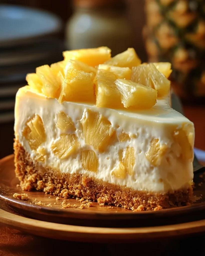 Slice of refreshing pineapple mousse cheesecake on a plate with tropical decorations
