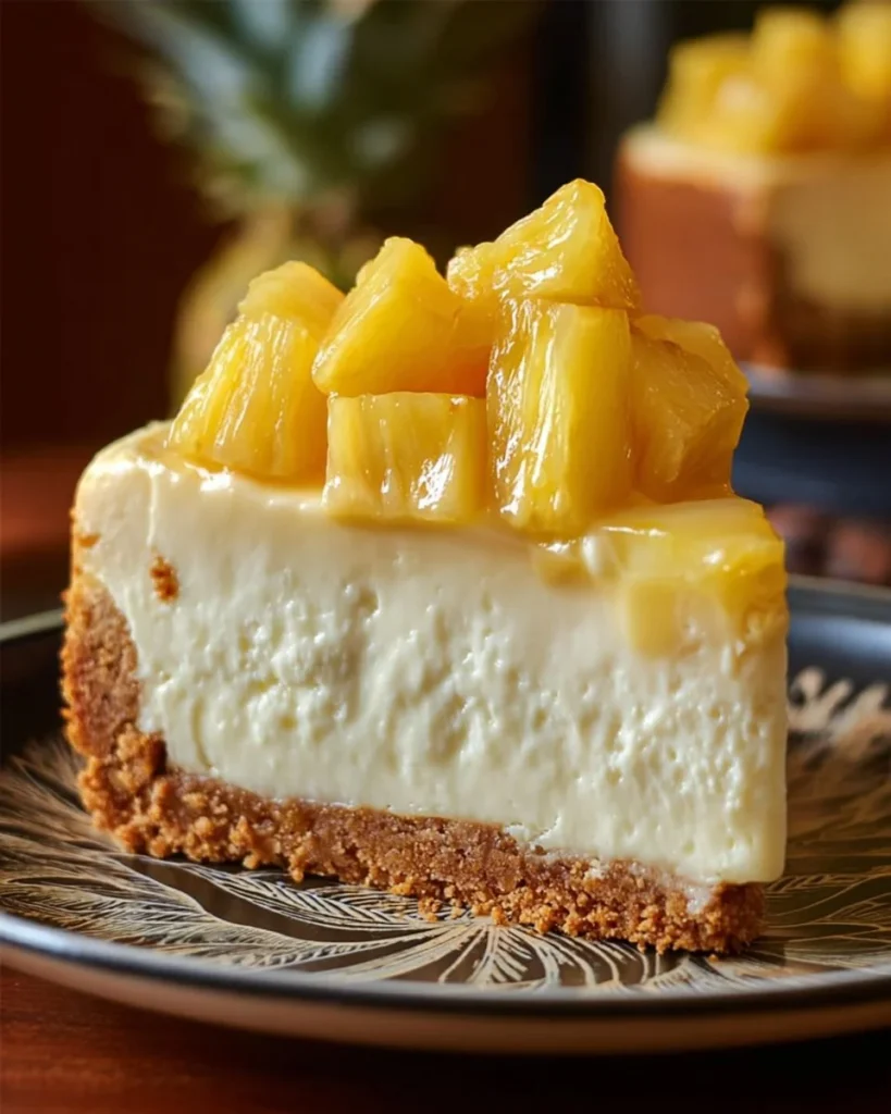 Slice of Refreshing Pineapple Mousse Cheesecake topped with fresh pineapple