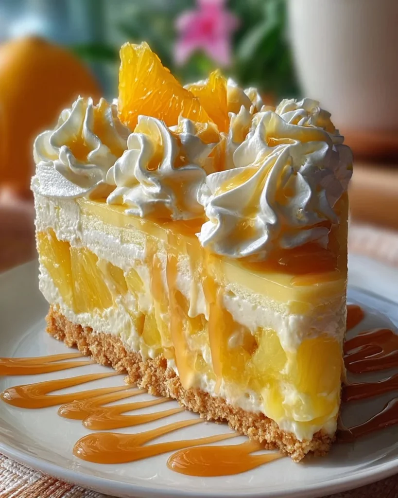 Slice of Southern Pineapple Orange Swirl Cheesecake with tropical fruits